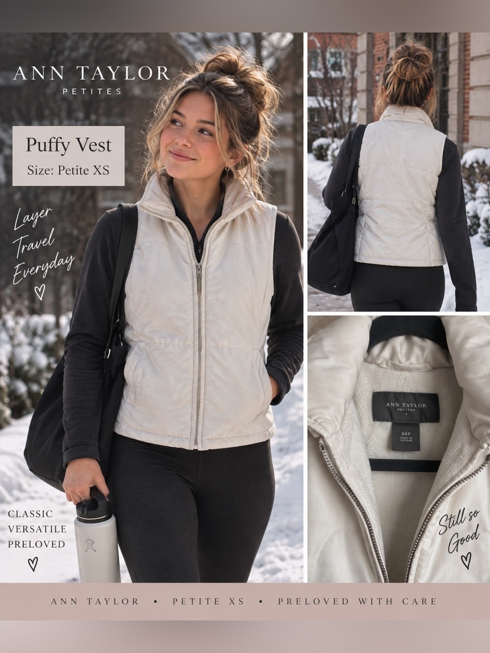 Ann Taylor Puffy white vest women front zipper side pockets petite XS